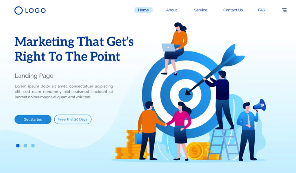 Landing page design with a target, people and a marketing headline.