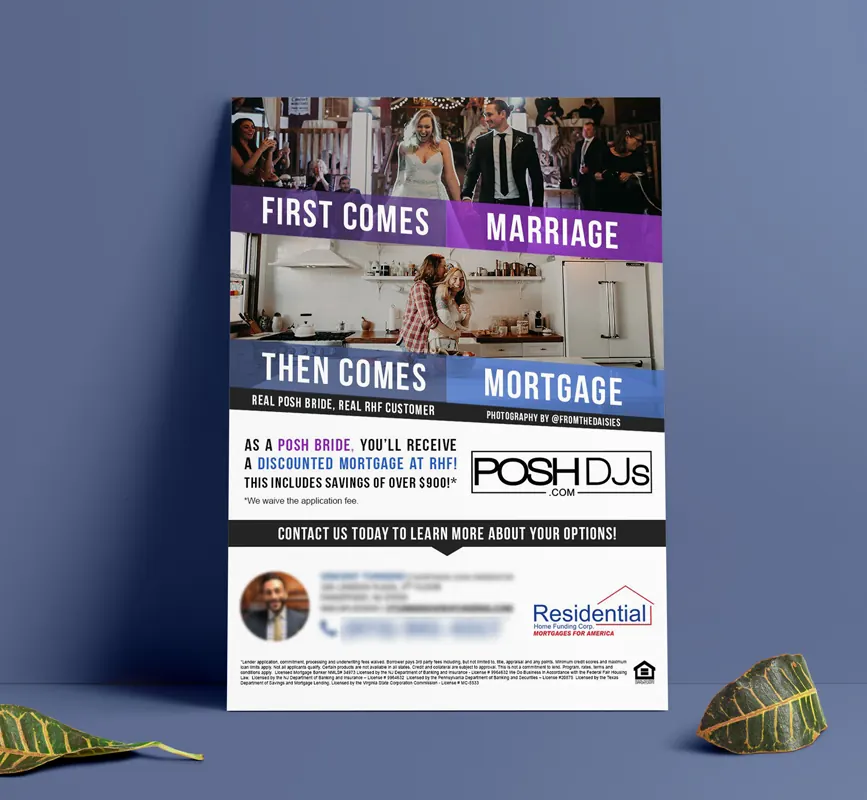 Poster mockup for a marriage and mortgage event by Residential Home Funding.