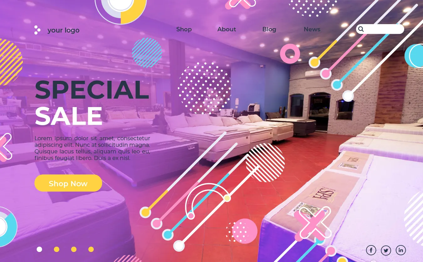 Mattress store website with a busy colorful background over a sale banner.