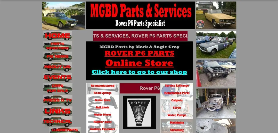 Screenshot of the MGBD Parts and Services website with clashing red text.