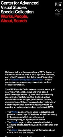 Mobile screenshot of the MIT Center for Advanced Visual Studies website.