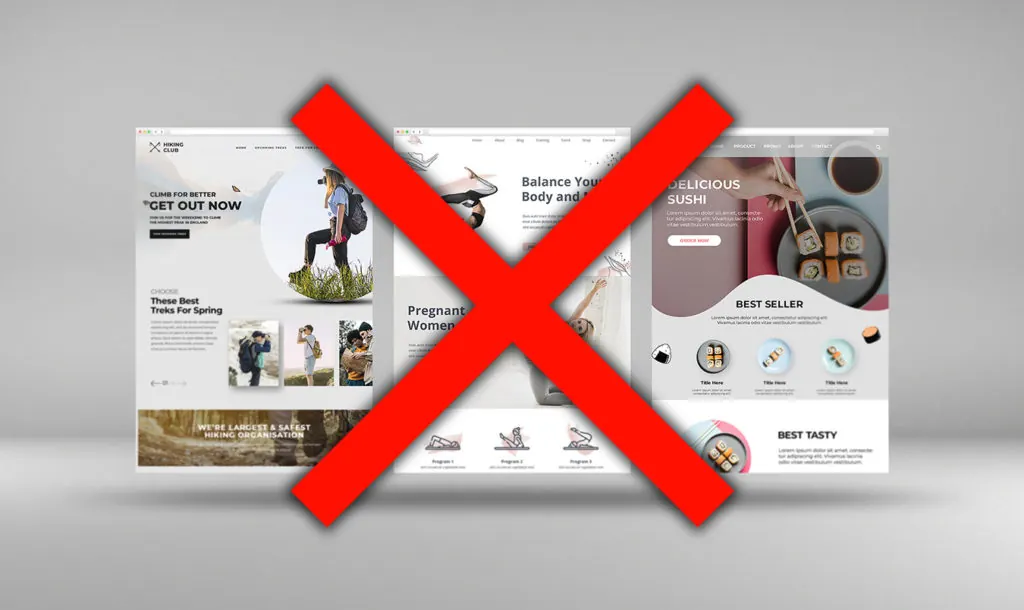 Website pages in a mockup crossed out with a large red X.