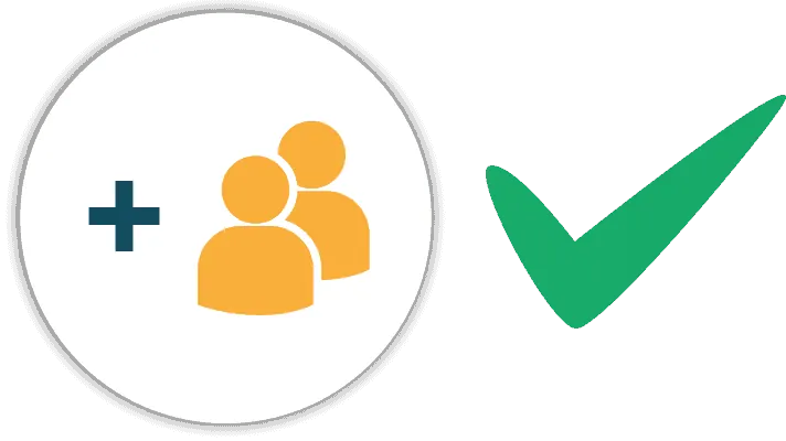 Icon of a plus sign and people in a circle beside a green check.