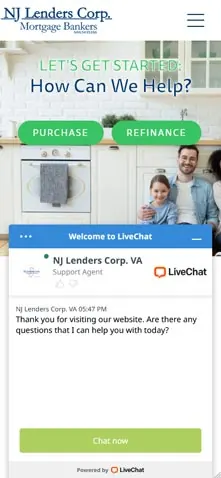 Mobile screenshot of the NJ Lenders Corp website with a live chat box.