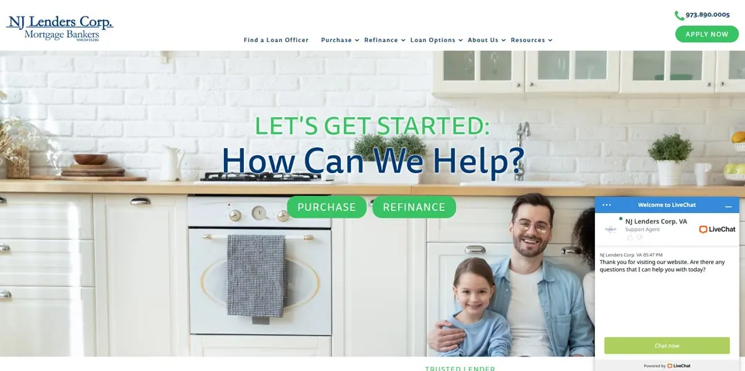 Desktop screenshot of the NJ Lenders Corp website with a family photo.