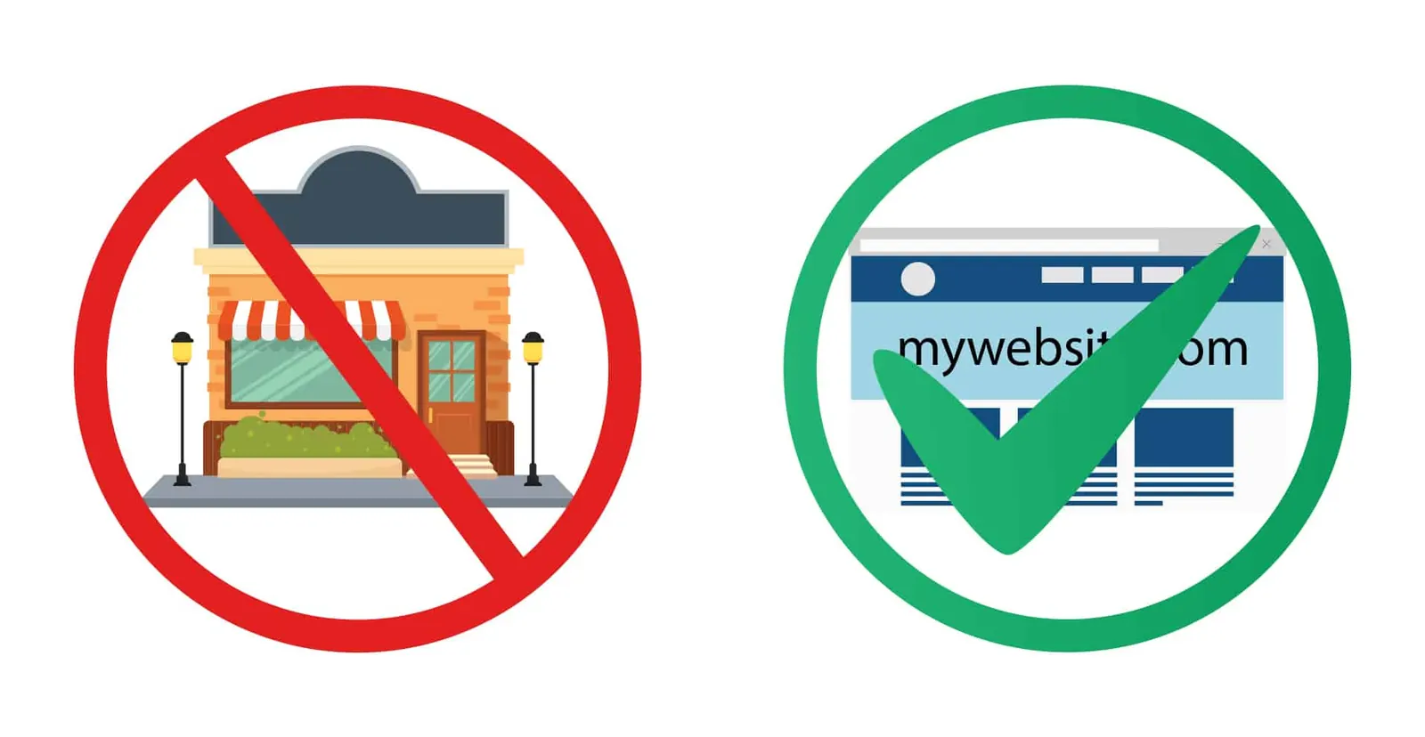 A crossed out storefront icon beside a website icon with a green check.