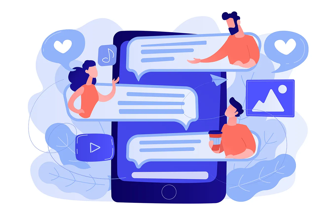 Illustration of people around a large phone filled with chat bubbles.