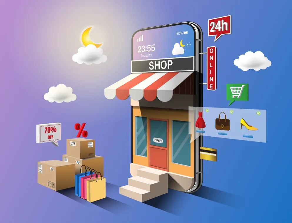 3D illustration of a phone turned into an online shop with boxes and bags.
