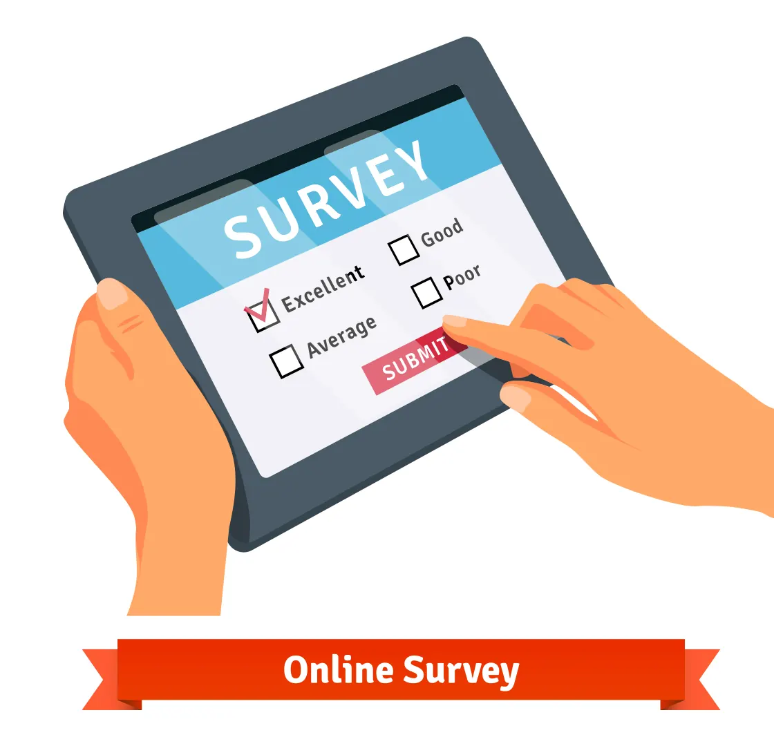 Illustration of hands filling in an online survey on a tablet.