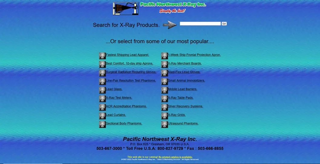 Screenshot of the dated Pacific Northwest X-Ray website with a blue background.