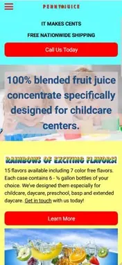 Mobile screenshot of the Penny Juice website with bright blue and yellow text.