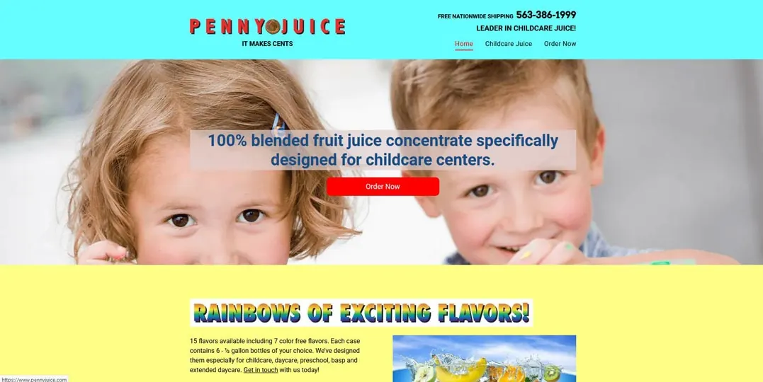 Screenshot of the Penny Juice website with two children and bright text bands.