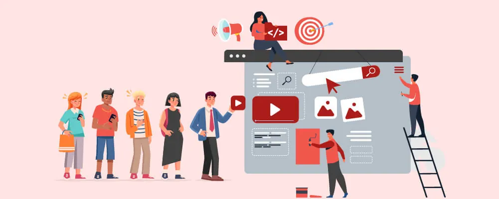 Illustration of a line of people walking toward a large website screen.