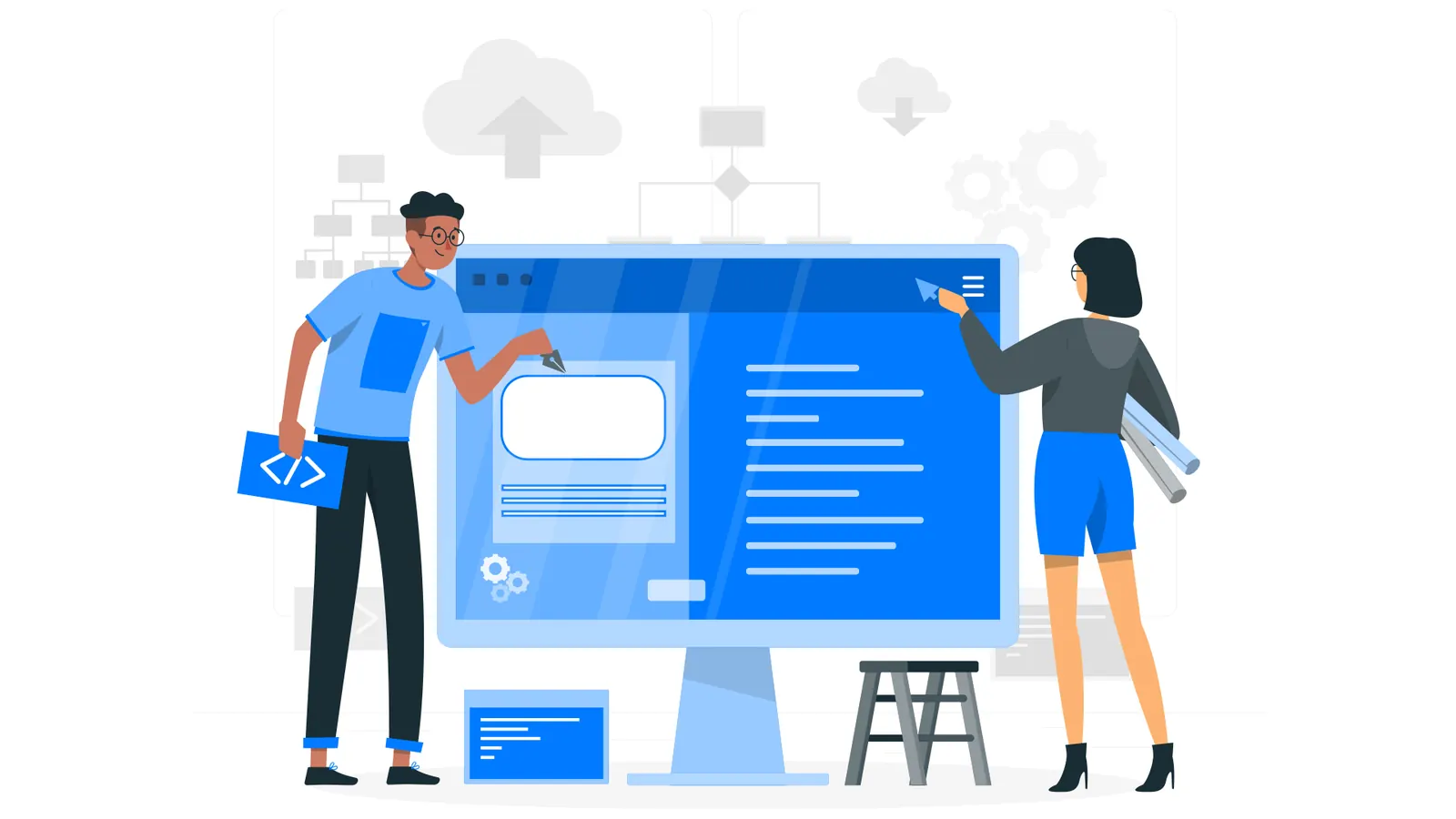 Illustration of two people building a website on a large blue screen.