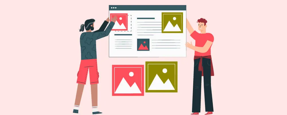 Illustration of two people arranging photos on a large blog page.