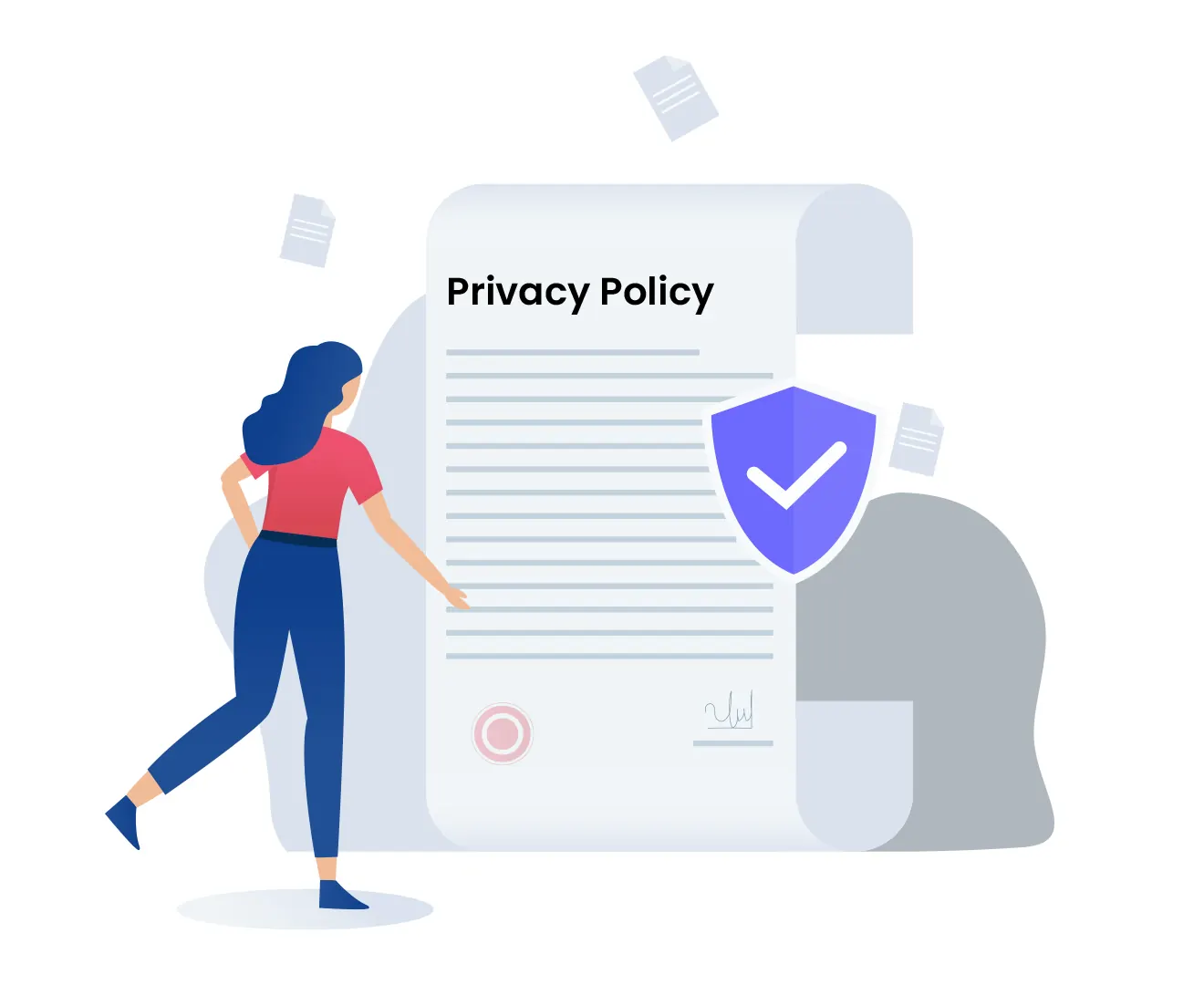 Illustration of a woman walking beside a privacy policy document with a shield.