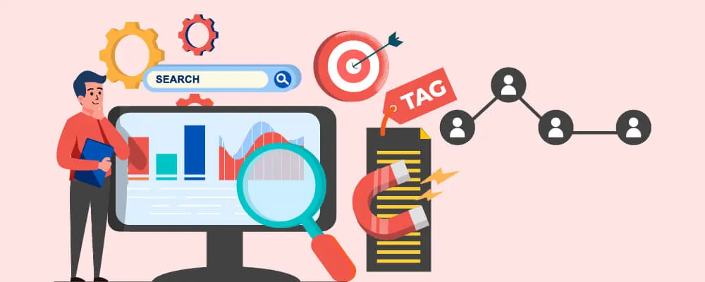 Illustration of a man with search, analytics and tag icons for promotion.