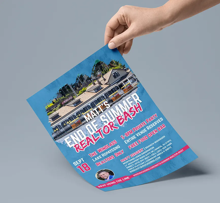 A hand holds an end of summer real estate flyer mockup.