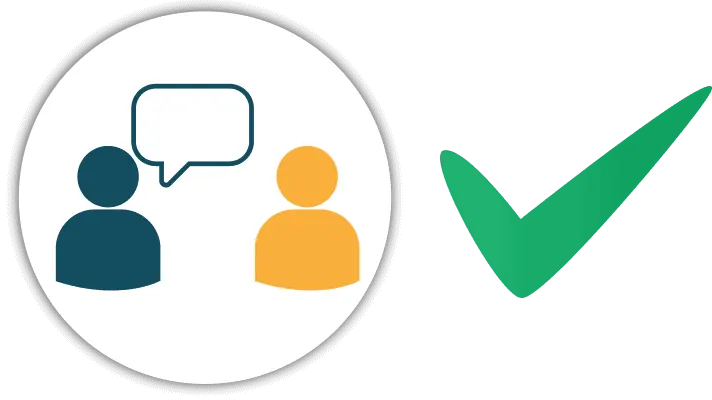 Icon of two people with a speech bubble beside a green check mark.