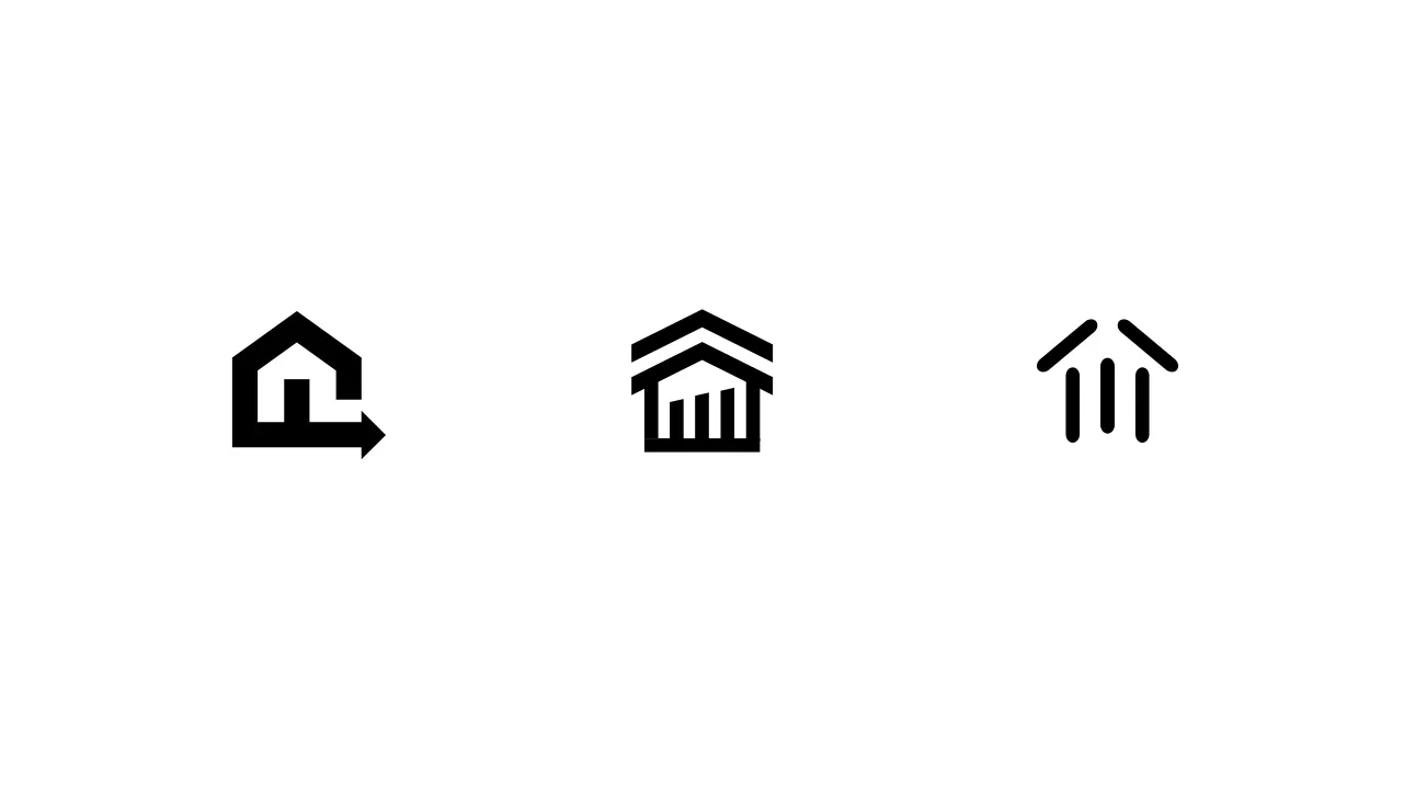 Three house and bank icons in black on a white background.