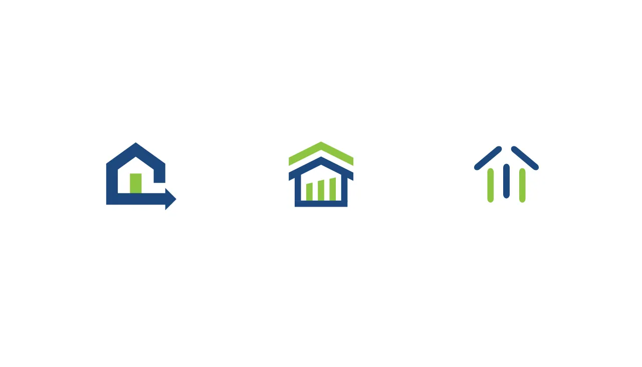 Three house and bank icons in blue and green for a refinance rebrand.