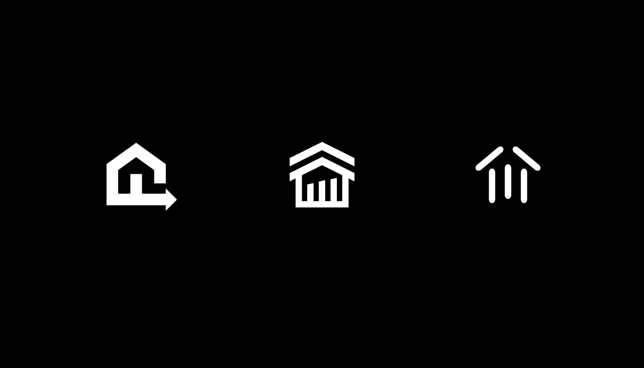 Three house and bank icons in white on a black background.