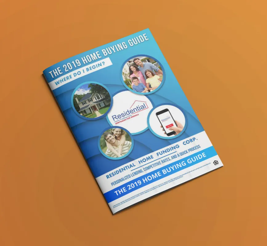 Residential Home Funding home buying guide booklet on an orange background.