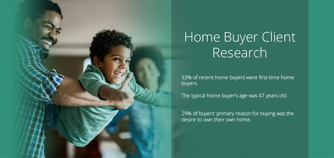 Home buyer research slide beside a photo of a father playing with his son.