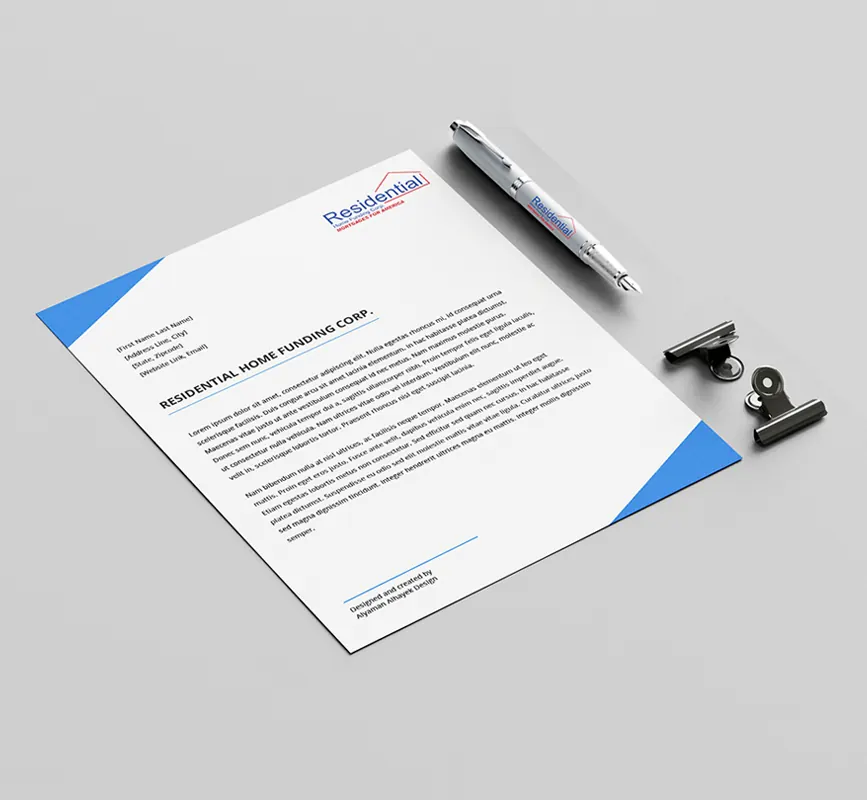 Residential Home Funding letterhead mockup with a pen and binder clip.