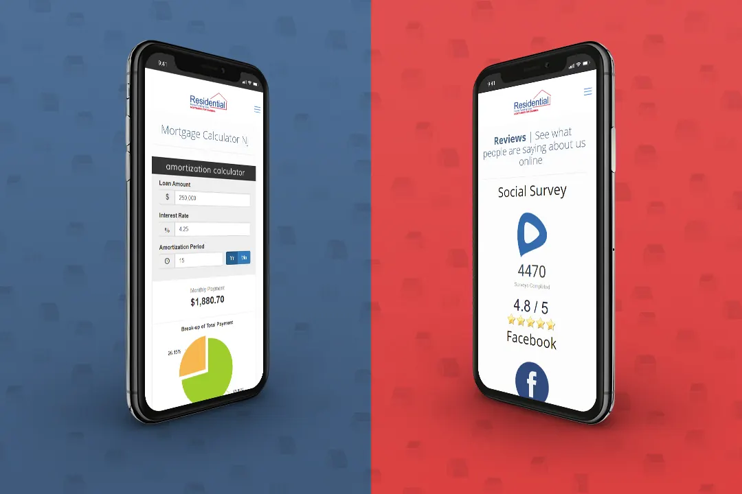 Two phones showing Residential Home Funding mobile pages on red and blue.
