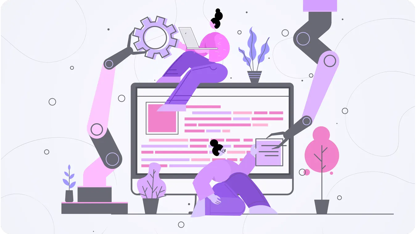 Illustration of robot arms and a person building a website on screen.