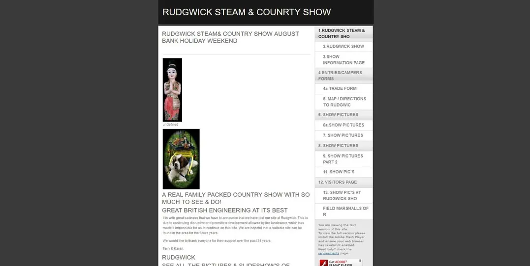 Screenshot of the Rudgwick Steam and Country Show website on a dark grey layout.