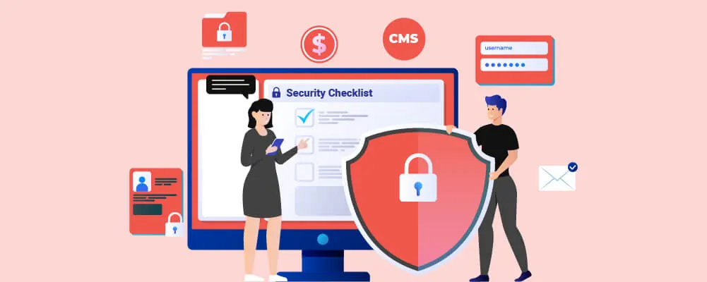 Illustration of two people beside a monitor showing a security checklist and shield.
