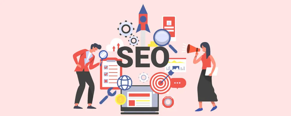 Illustration of a team working around a large SEO sign with icons.
