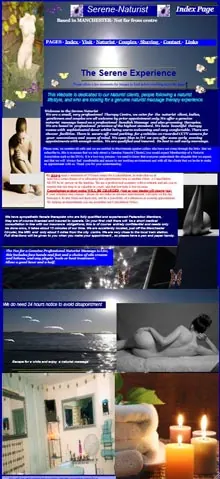 Mobile screenshot of the Serene Naturist website with a bright blue layout.