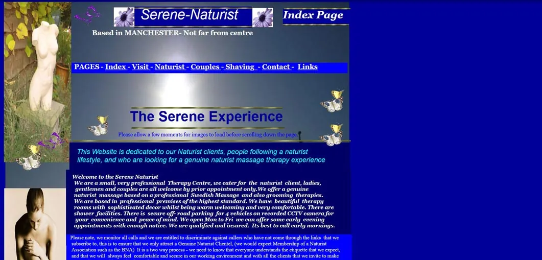 Screenshot of the dated Serene Naturist website with a bright blue background.