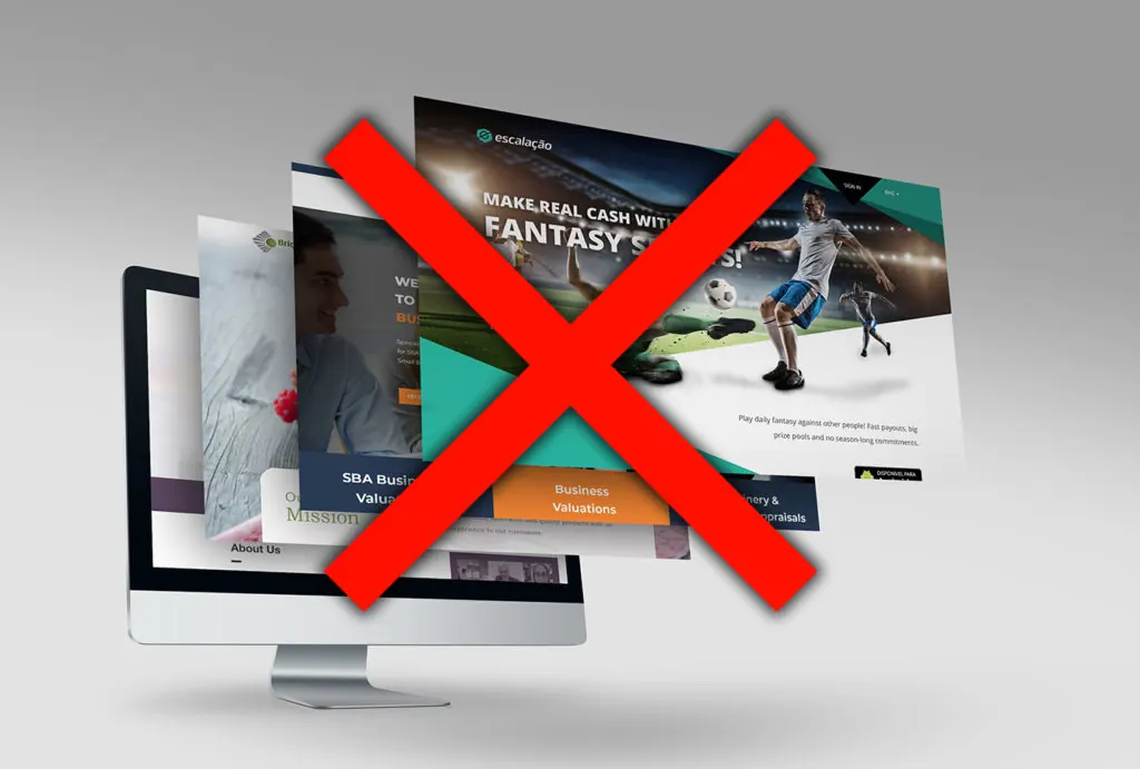 Single page website mockups popping from a monitor crossed out in red.