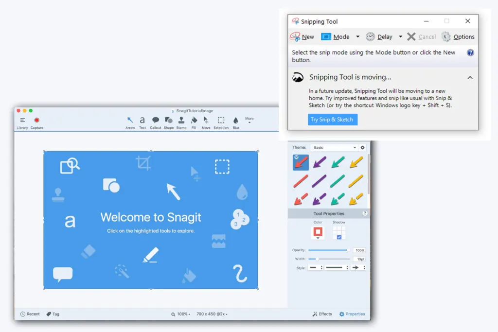 Screenshot of the Windows Snipping Tool open beside the Snagit welcome screen.