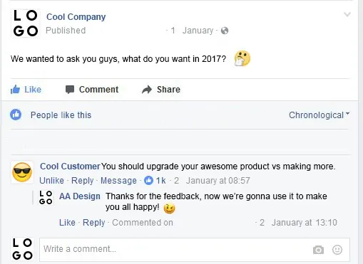 Example social media post with a customer comment and a company reply.
