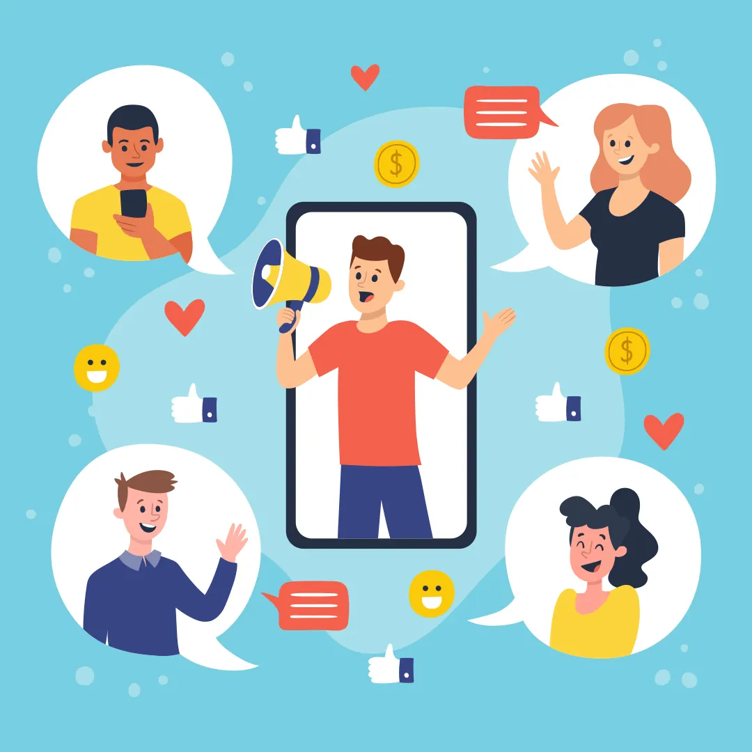 Illustration of a man with a megaphone on a phone surrounded by followers.