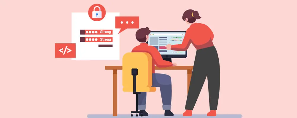 Illustration of two people at a computer setting a strong password.