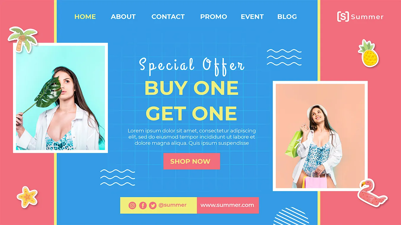Summer sale website design crowded with bright pink, blue and yellow colours.