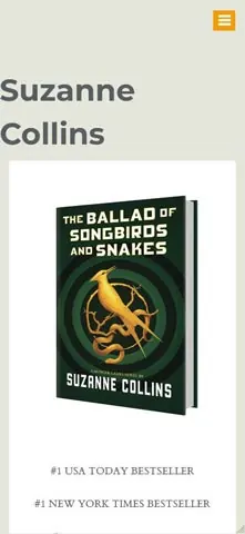 Mobile screenshot of the Suzanne Collins website showing a book cover.