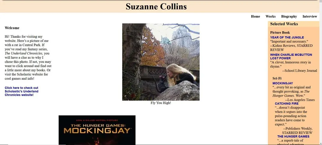 Screenshot of the old Suzanne Collins website with small text and a photo.