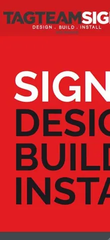 Mobile screenshot of the TagTeam Signs website with huge red and black text.