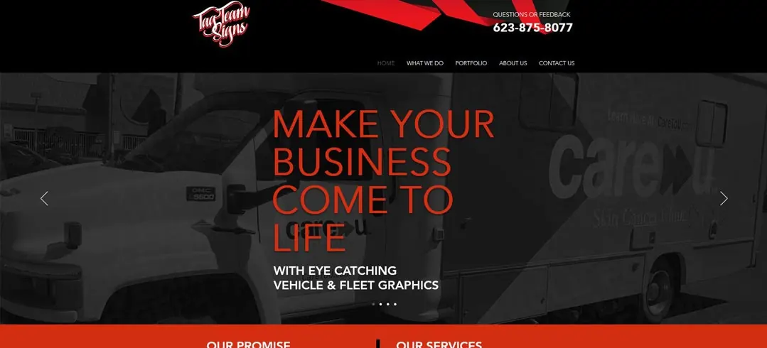 Screenshot of the TagTeam Signs website with thin text over a dark photo.