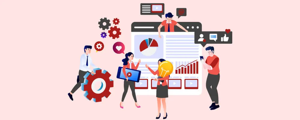 Illustration of a team with charts and gears improving website traffic.
