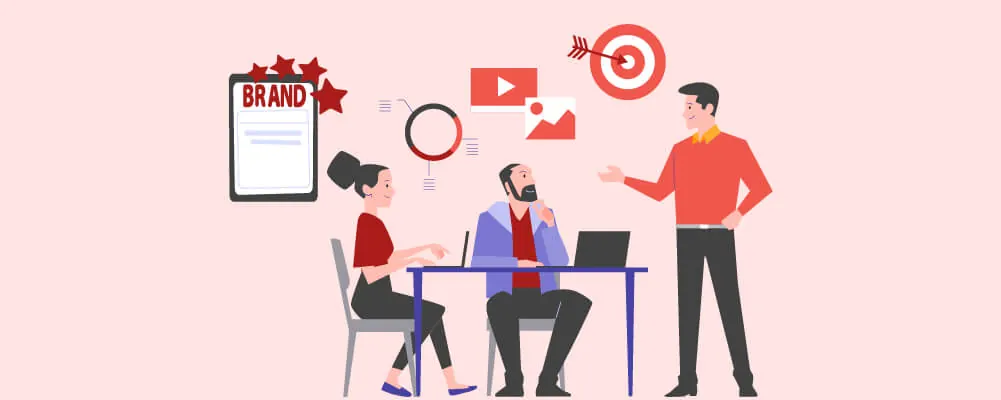 Illustration of three people at a table planning brand and video marketing.