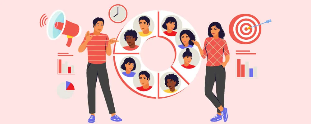 Illustration of people with a megaphone, target and charts planning traffic growth.