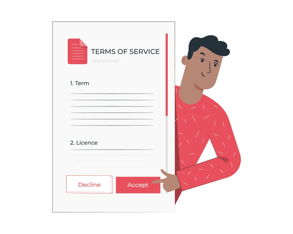 Illustration of a man beside a terms of service page with accept buttons.